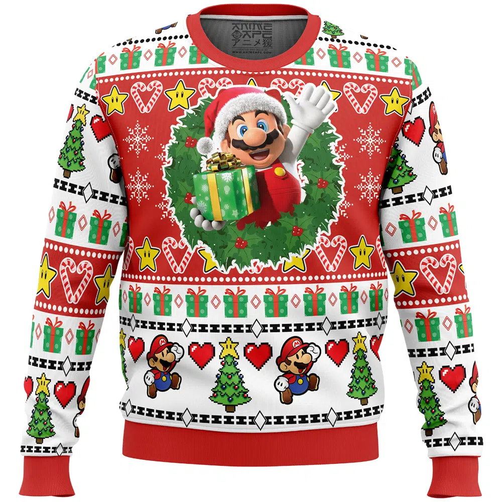 Christmas Mario Super Mario Ugly Christmas Sweater FRONT mockup - Mario Merch
