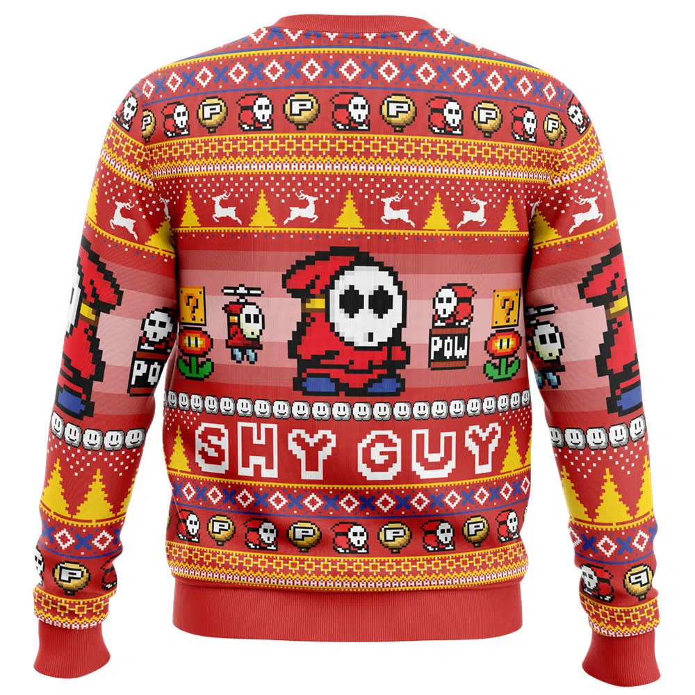 Shy Guy Super Mario Bros Ugly Christmas Sweater BACK mockup - Mario Merch