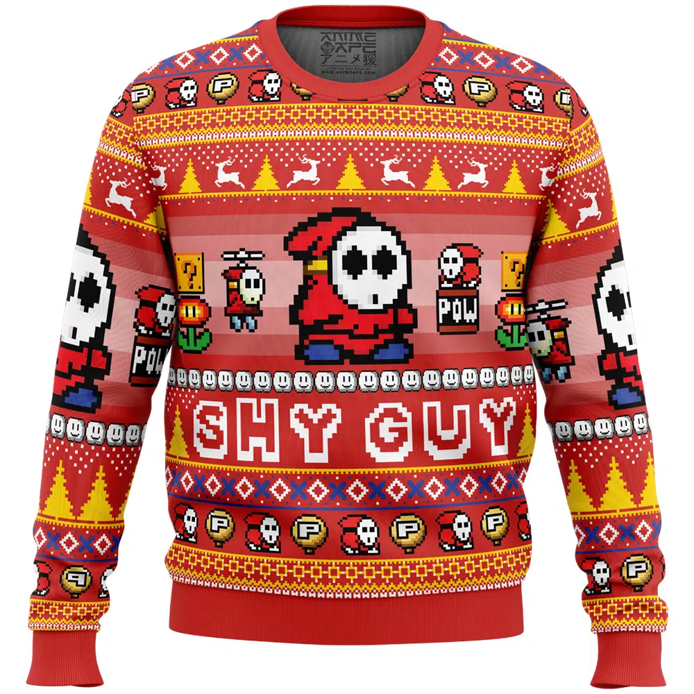 Shy Guy Super Mario Bros Ugly Christmas Sweater FRONT mockup - Mario Merch